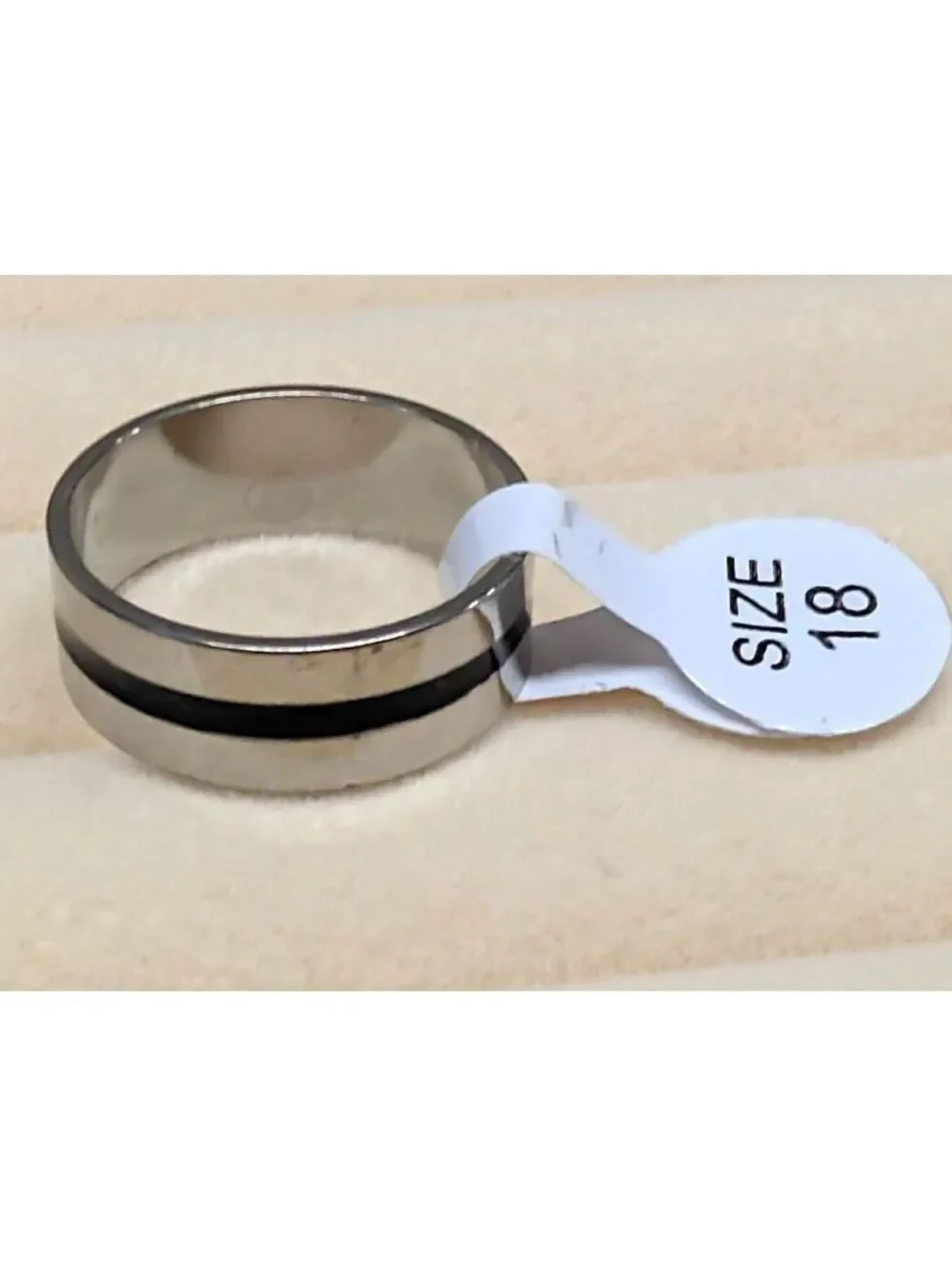 New Stainless Steel Grooved Ring Size 7.75 Silver Tone Black Enamel Band Goth